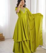 Women's Beautiful Embroidery Work Chinon Silk Fabric Flared Kurta Palazzo and Dupatta Set