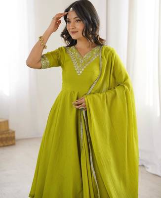 Women's Beautiful Embroidery Work Chinon Silk Fabric Flared Kurta Palazzo and Dupatta Set 2