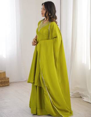 Women's Beautiful Embroidery Work Chinon Silk Fabric Flared Kurta Palazzo and Dupatta Set 3