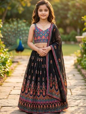Yellow printed ready to wear lehenega choli with dupatta for girls 1