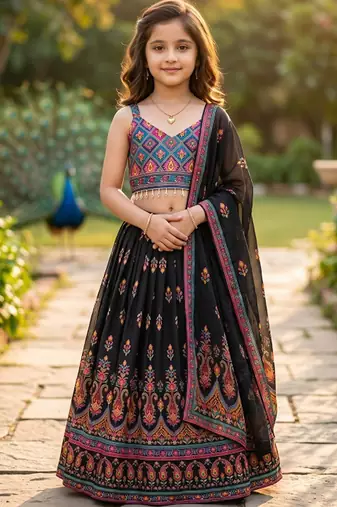 Yellow printed ready to wear lehenega choli with dupatta for girls