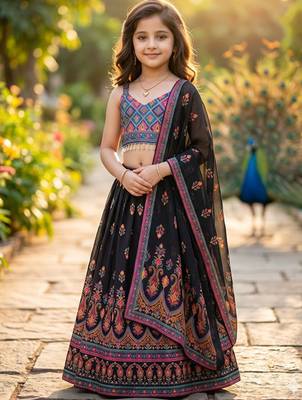 Yellow printed ready to wear lehenega choli with dupatta for girls 2