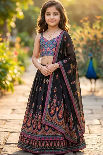 Yellow printed ready to wear lehenega choli with dupatta for girls