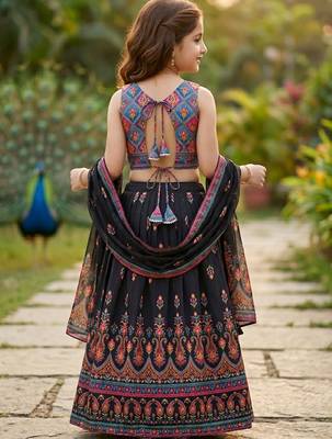 Yellow printed ready to wear lehenega choli with dupatta for girls 3