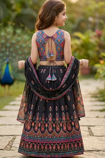 Yellow printed ready to wear lehenega choli with dupatta for girls