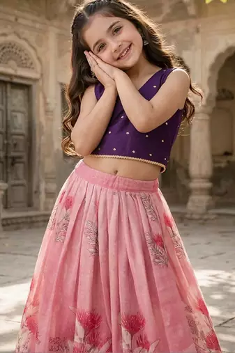 Rose embellished ready to wear lehenega choli with dupatta for girls