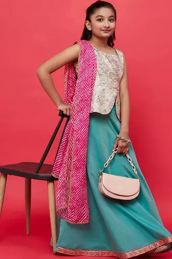 Sea green silk blend ready to wear lehenega choli with dupatta for girls