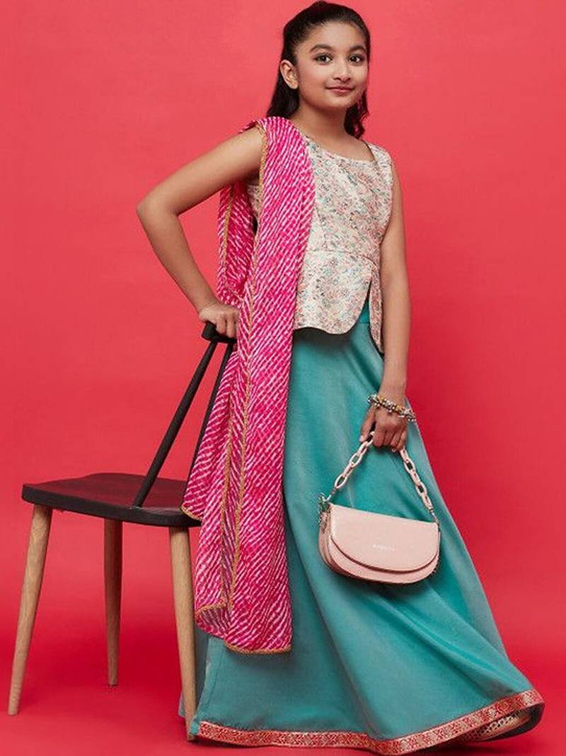 Sea green silk blend ready to wear lehenega choli with dupatta for girls