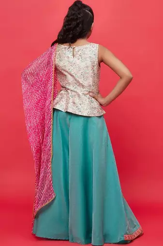 Sea green silk blend ready to wear lehenega choli with dupatta for girls