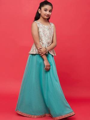Sea green silk blend ready to wear lehenega choli with dupatta for girls 3