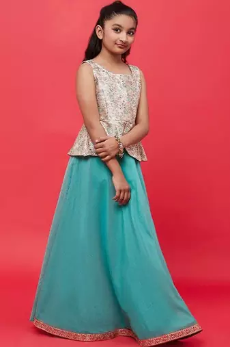Sea green silk blend ready to wear lehenega choli with dupatta for girls
