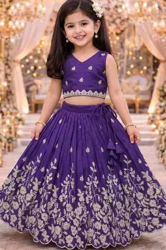 Violet embroidered thread work ready to wear lehenega choli for girls