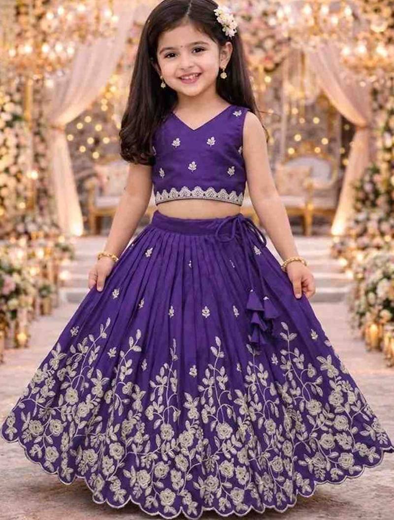 Violet embroidered thread work ready to wear lehenega choli for girls