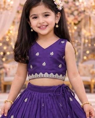 Violet embroidered thread work ready to wear lehenega choli for girls 3