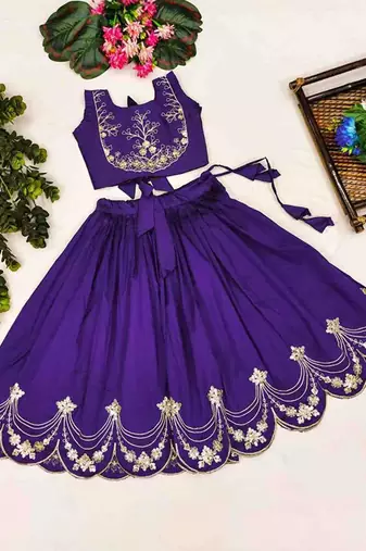 Violet embroidered thread work ready to wear lehenega choli for girls