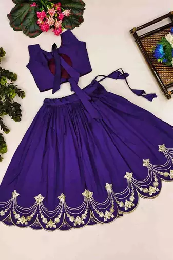 Violet embroidered thread work ready to wear lehenega choli for girls