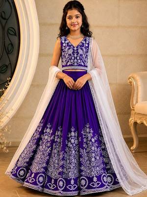 Violet embroidered thread work ready to wear lehenega choli with dupatta for girls 1