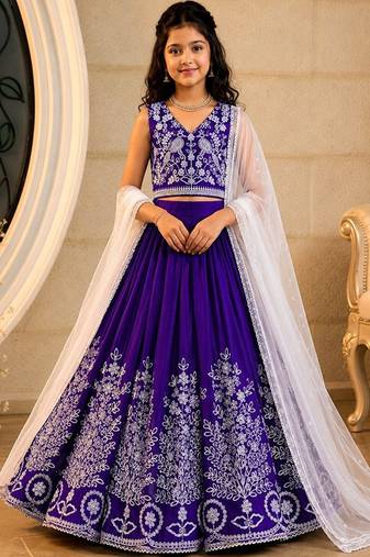 Violet embroidered thread work ready to wear lehenega choli with dupatta for girls