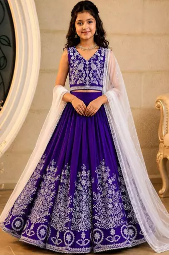 Violet embroidered thread work ready to wear lehenega choli with dupatta for girls