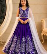 Violet embroidered thread work ready to wear lehenega choli with dupatta for girls