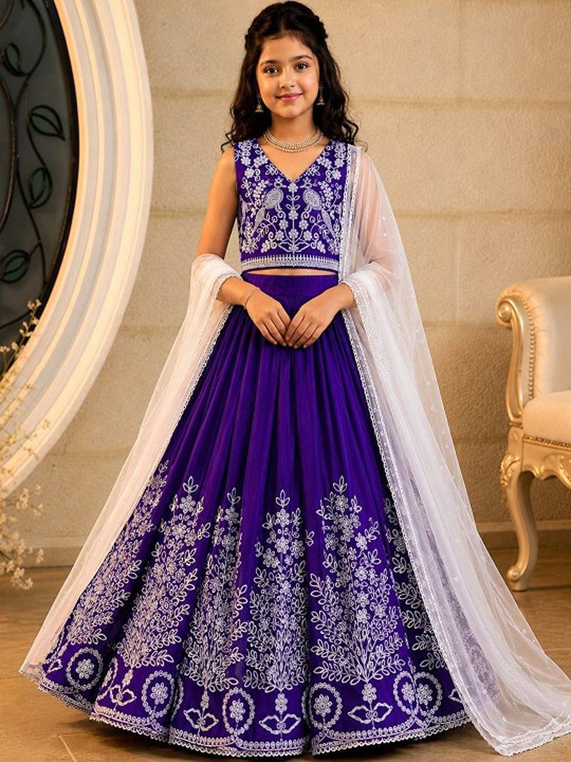Violet embroidered thread work ready to wear lehenega choli with dupatta for girls