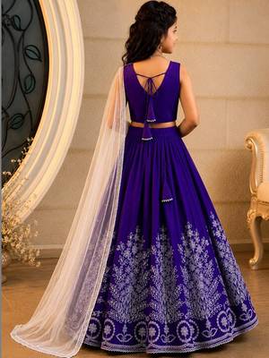 Violet embroidered thread work ready to wear lehenega choli with dupatta for girls 2