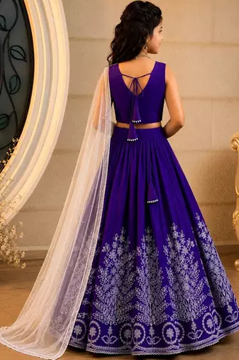 Violet embroidered thread work ready to wear lehenega choli with dupatta for girls