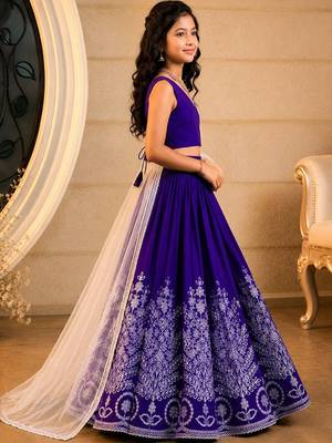 Violet embroidered thread work ready to wear lehenega choli with dupatta for girls 3