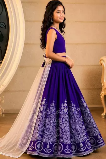 Violet embroidered thread work ready to wear lehenega choli with dupatta for girls