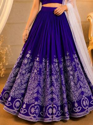 Violet embroidered thread work ready to wear lehenega choli with dupatta for girls 4