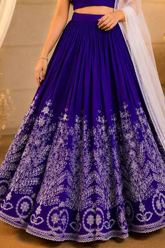 Violet embroidered thread work ready to wear lehenega choli with dupatta for girls