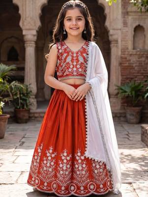 Rust embroidered beads and stones ready to wear lehenega choli with dupatta for girls 1