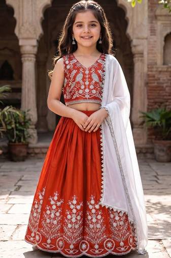 Rust embroidered beads and stones ready to wear lehenega choli with dupatta for girls