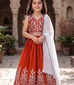 Rust embroidered beads and stones ready to wear lehenega choli with dupatta for girls