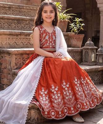 Rust embroidered beads and stones ready to wear lehenega choli with dupatta for girls 2
