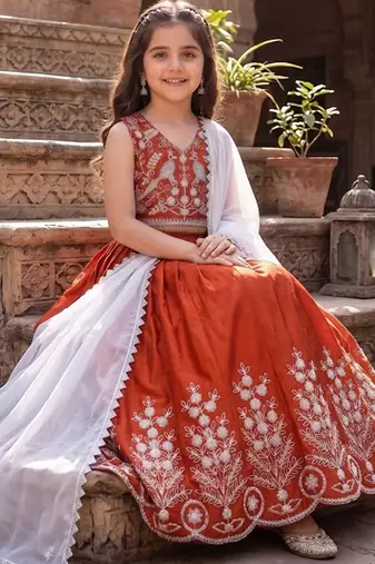 Rust embroidered beads and stones ready to wear lehenega choli with dupatta for girls