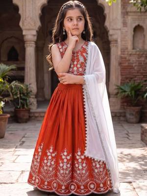 Rust embroidered beads and stones ready to wear lehenega choli with dupatta for girls 3