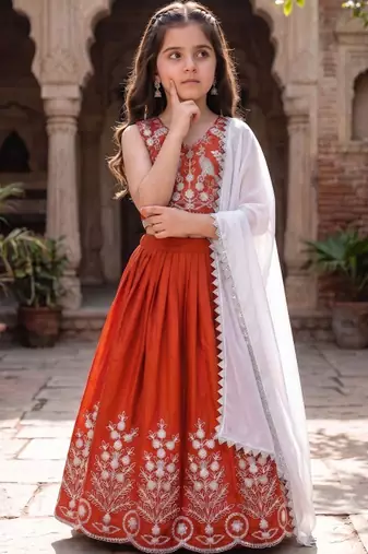 Rust embroidered beads and stones ready to wear lehenega choli with dupatta for girls