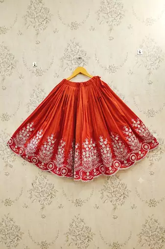 Rust embroidered beads and stones ready to wear lehenega choli with dupatta for girls