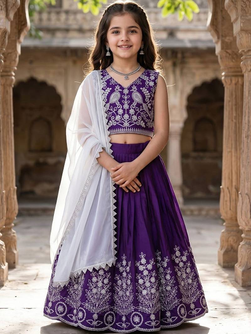 Lavender embroidered beads and stones ready to wear lehenega choli with dupatta for girls