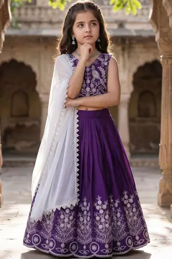 Lavender embroidered beads and stones ready to wear lehenega choli with dupatta for girls