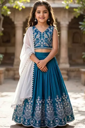 Teal embroidered beads and stones ready to wear lehenega choli with dupatta for girls