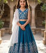 Teal embroidered beads and stones ready to wear lehenega choli with dupatta for girls
