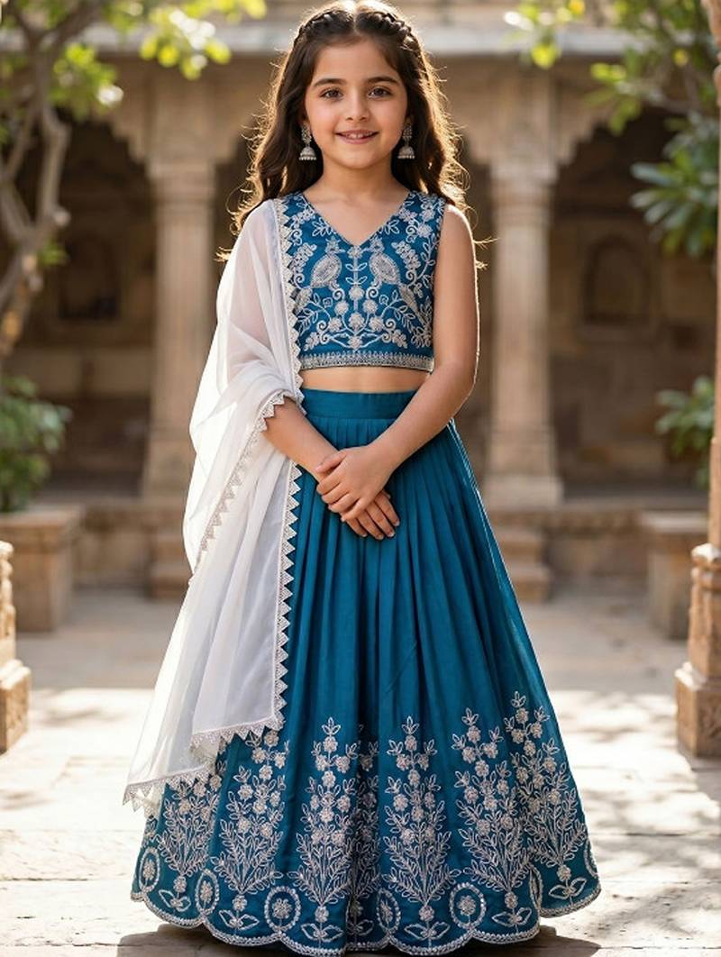 Teal embroidered beads and stones ready to wear lehenega choli with dupatta for girls