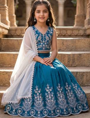 Teal embroidered beads and stones ready to wear lehenega choli with dupatta for girls 2