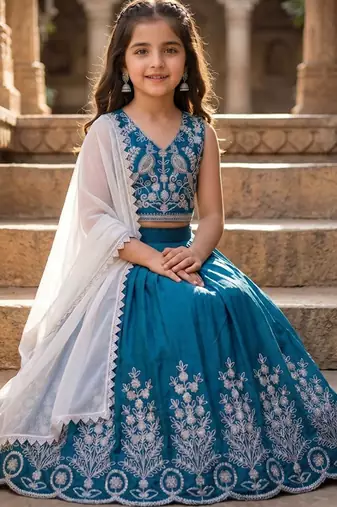 Teal embroidered beads and stones ready to wear lehenega choli with dupatta for girls