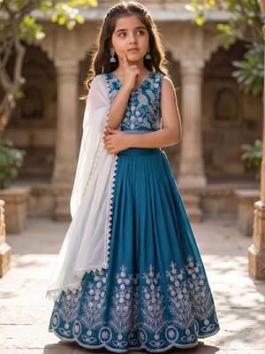 Teal embroidered beads and stones ready to wear lehenega choli with dupatta for girls 3