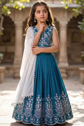 Teal embroidered beads and stones ready to wear lehenega choli with dupatta for girls