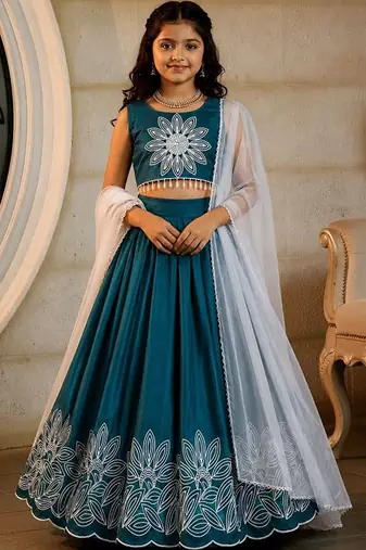Teal embroidered thread work ready to wear lehenega choli with dupatta for girls