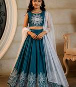 Teal embroidered thread work ready to wear lehenega choli with dupatta for girls